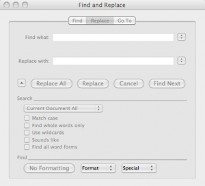 Microsoft Word - Find and Replace dialog - more options